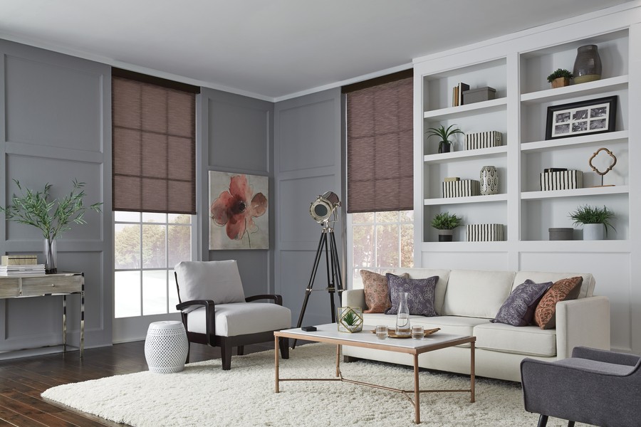 A living room with two windows with Lutron motorized shades. 